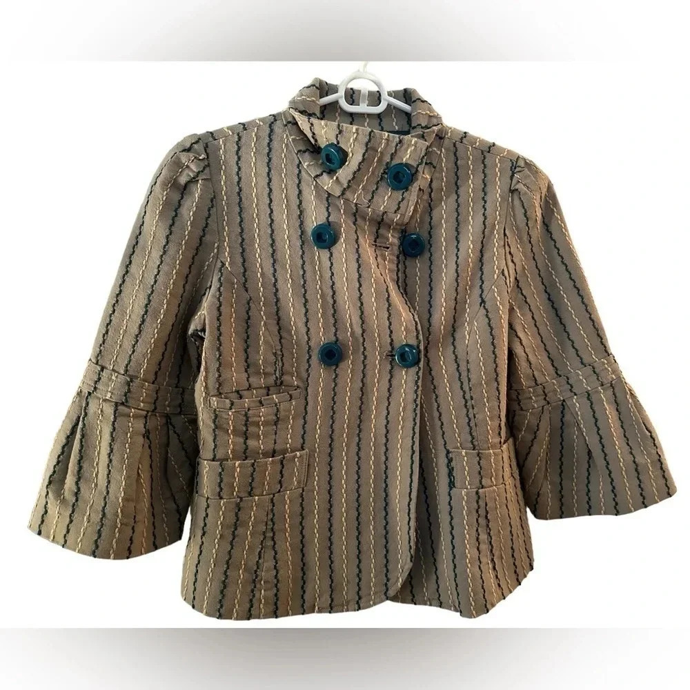 TULLE ANTHROPOLOGIE BEIGE EMERALD STRIPED COOL COTTON LINED JACKET SZ S